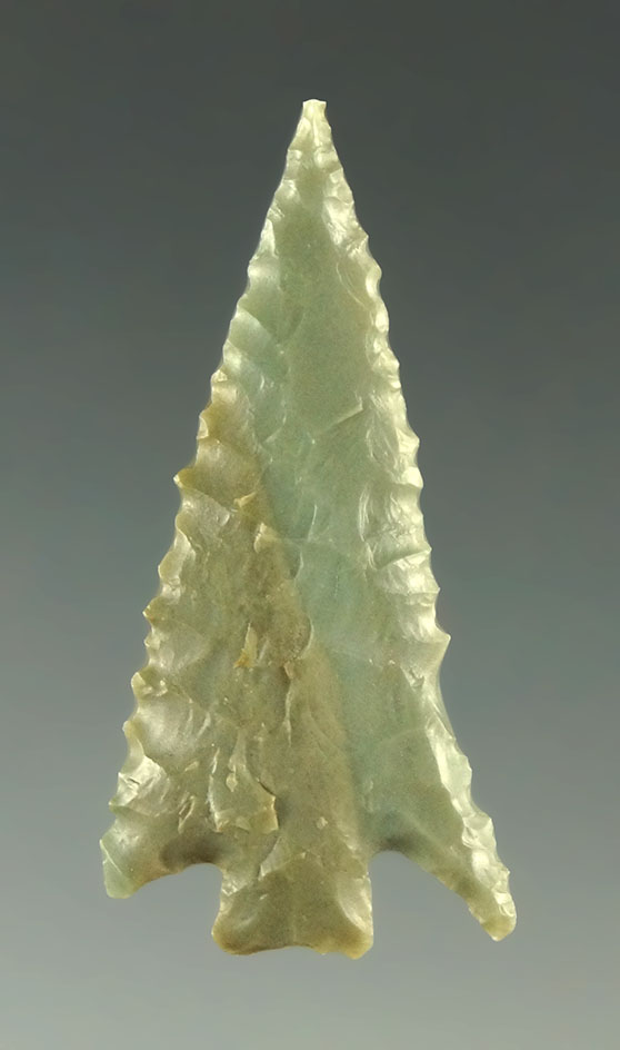 Pictured! 1 7/16" nicely serrated Gunther point made from beautiful green Franciscan chert.