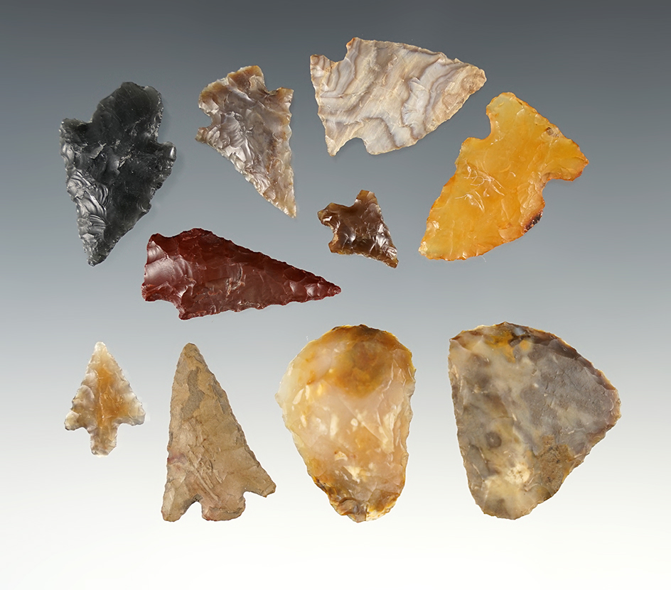 Set of 10 assorted points and tools found in Umatilla Oregon. The largest is 1 3/8".