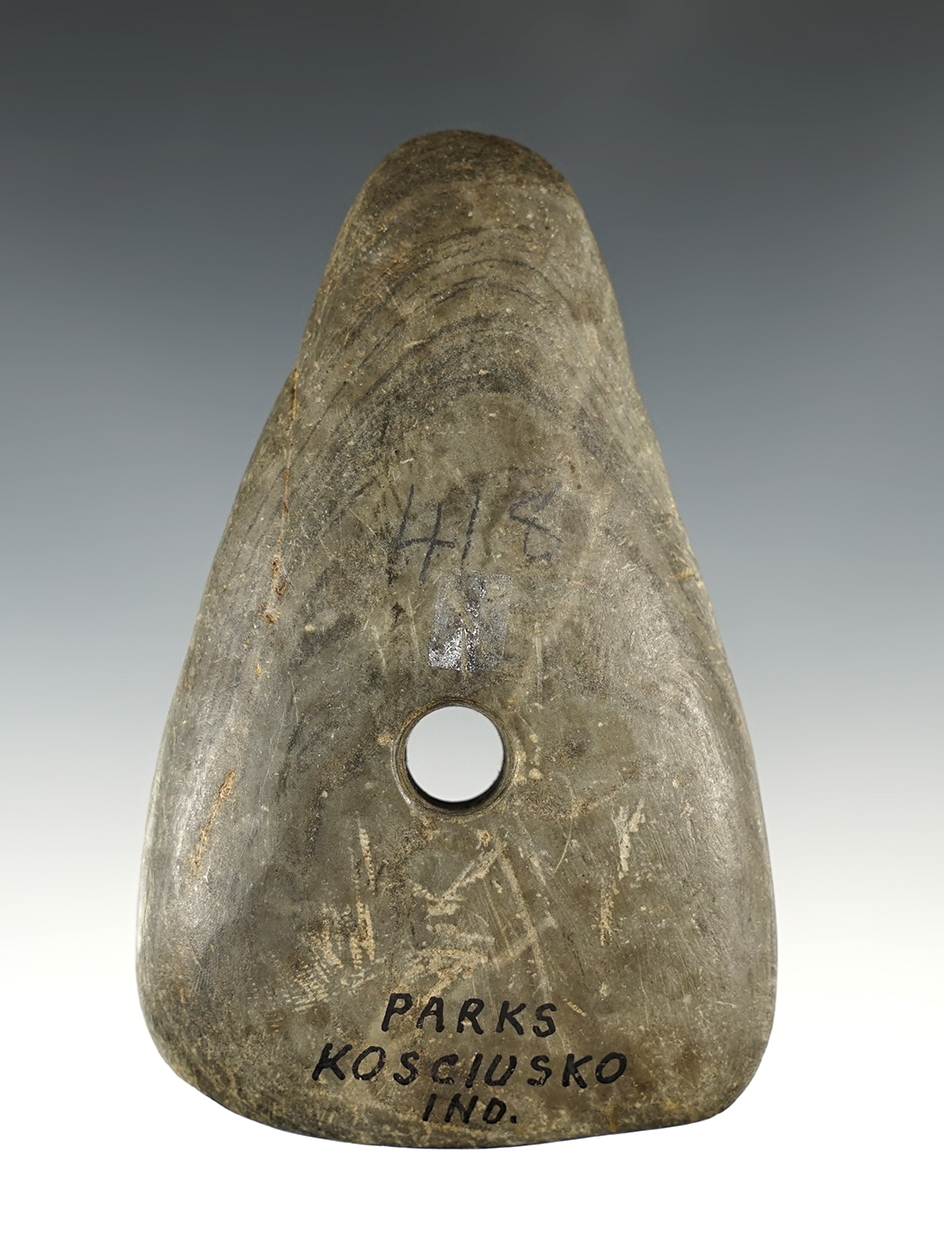 4 9/16" Slate Pendant with nice worm tracks. Found in Kosciusko, Indiana. Ex. Cameron Parks.