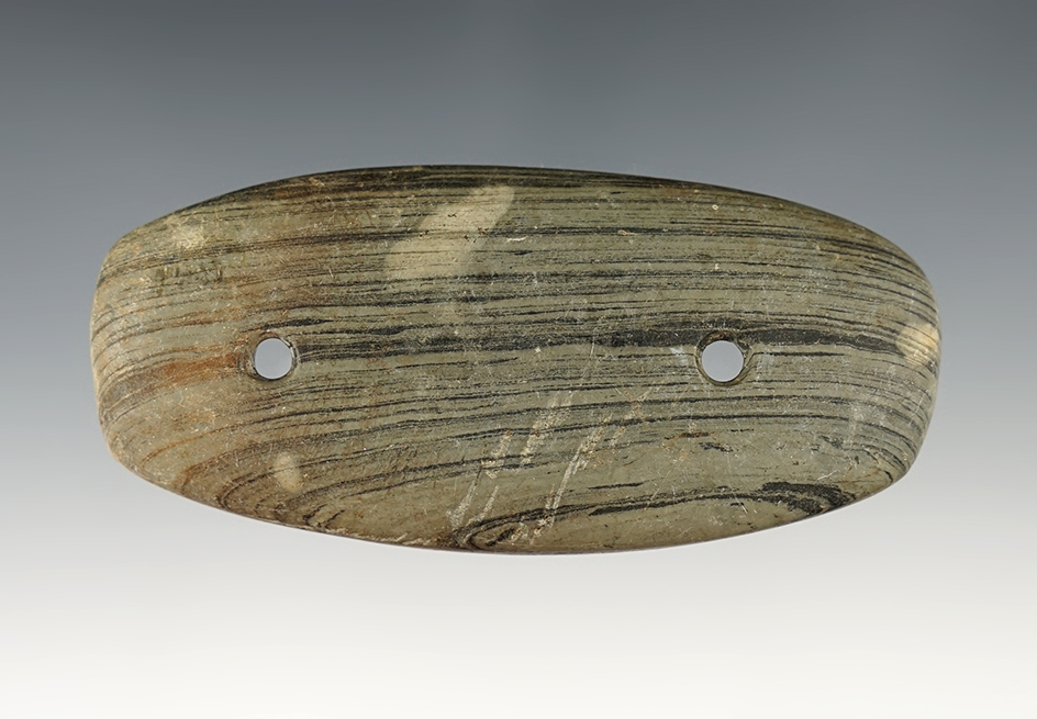 3 3/4" Glacial Kame Gorget - Banded Slate with "worm tracks". Ross Co., Ohio. Ex. Barrett, Jim Hawks