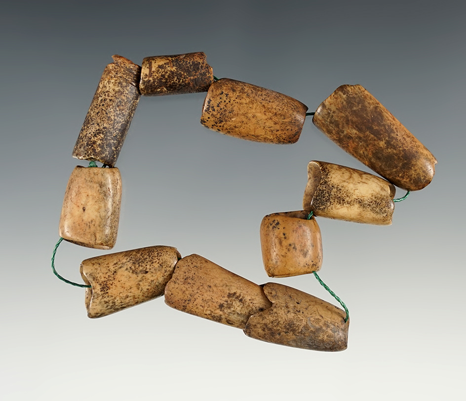 Set of 10 polished Bone Beads found at Glovers Cave, Kentucky in the 1950's.