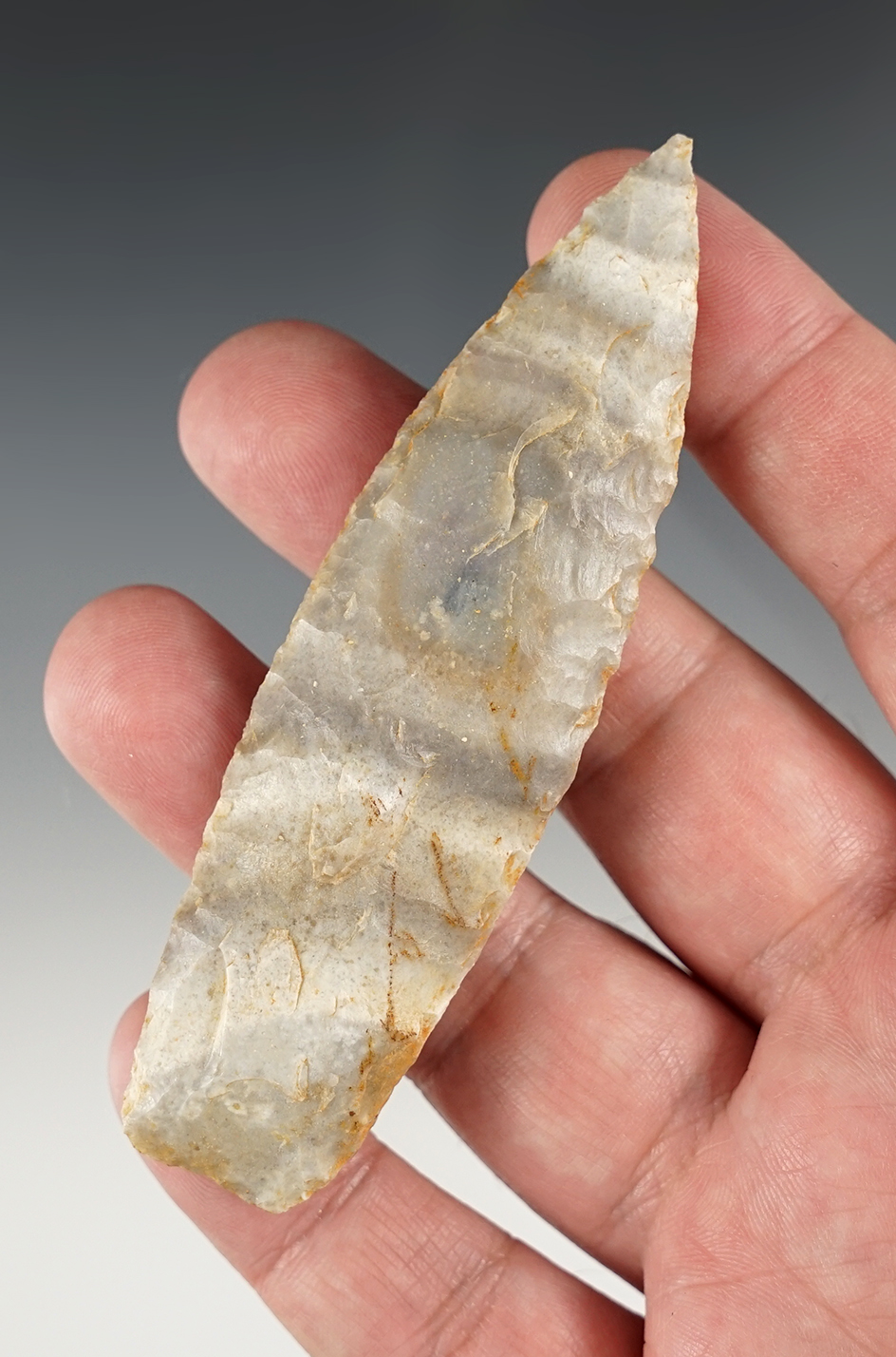 Finely made 3 7/8" Agate Basin found in Missouri. Made from attractive Jefferson City flint.