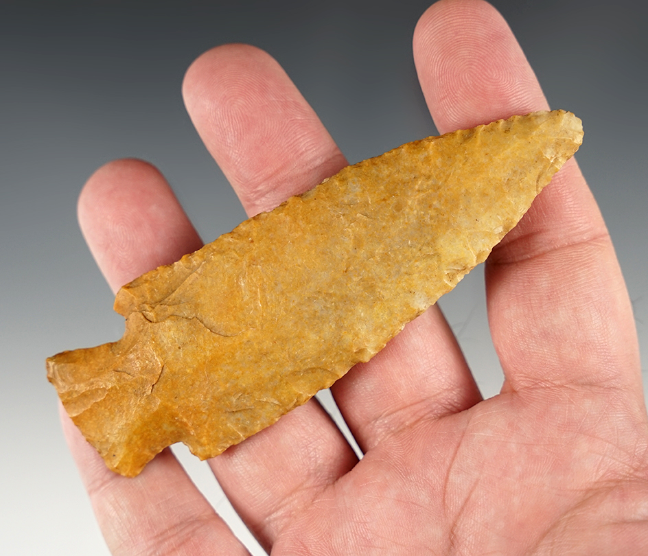 4" Honey colored Archaic Cornernotch Point found in Illinois.