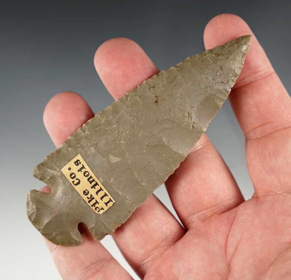 Nicely beveled 4 1/16" Dovetail found in Pike Co., Illinois. Excellent style and form.