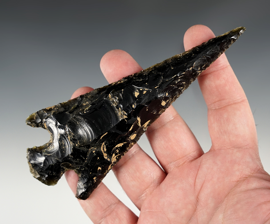 Large 5 5/8" Precolumbian Spear made from gold-sheen Obsidian. Restored break near tip. Mexico.