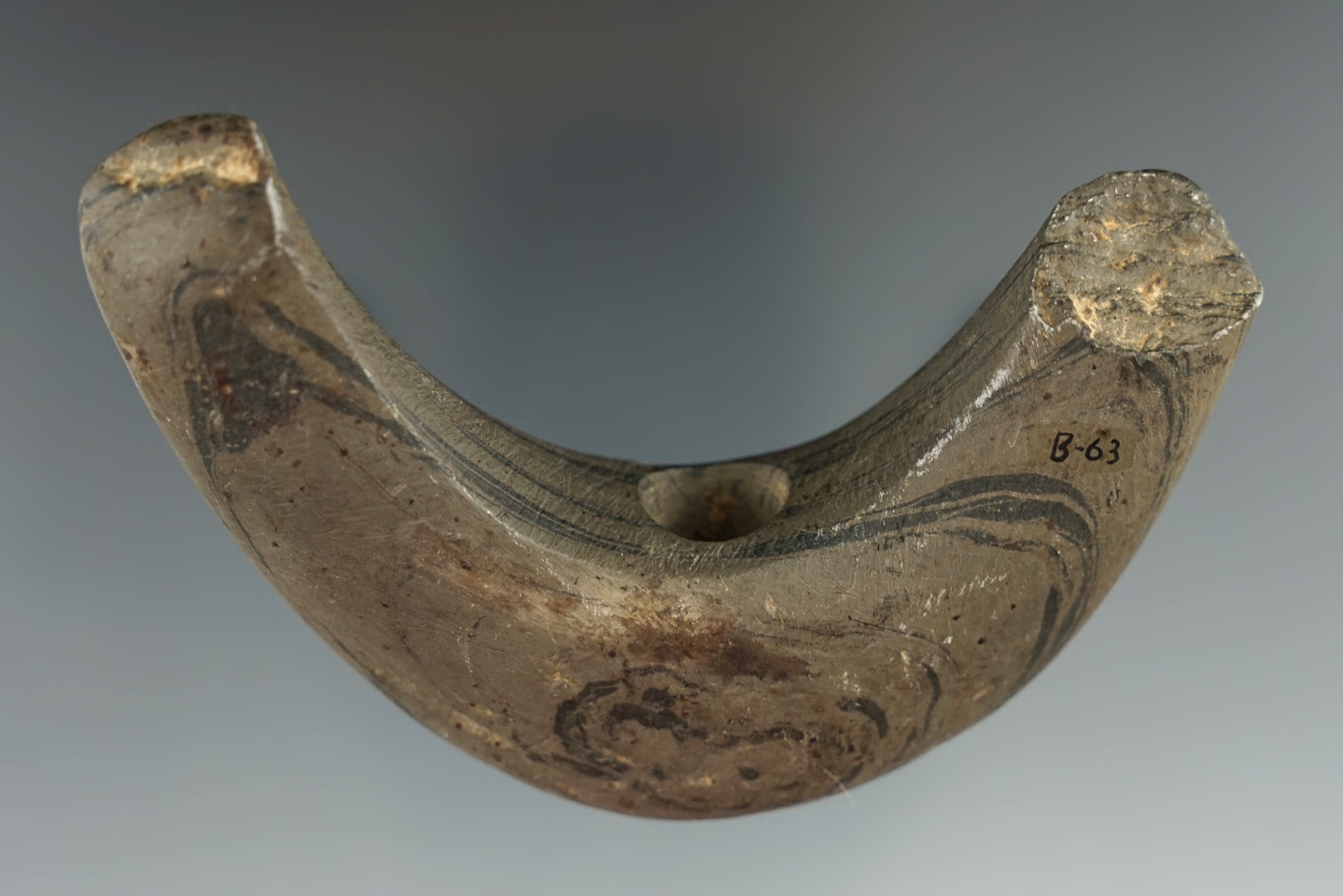 3 3/4" Lunate bannerstone made from banded glacial slate found in Ohio.