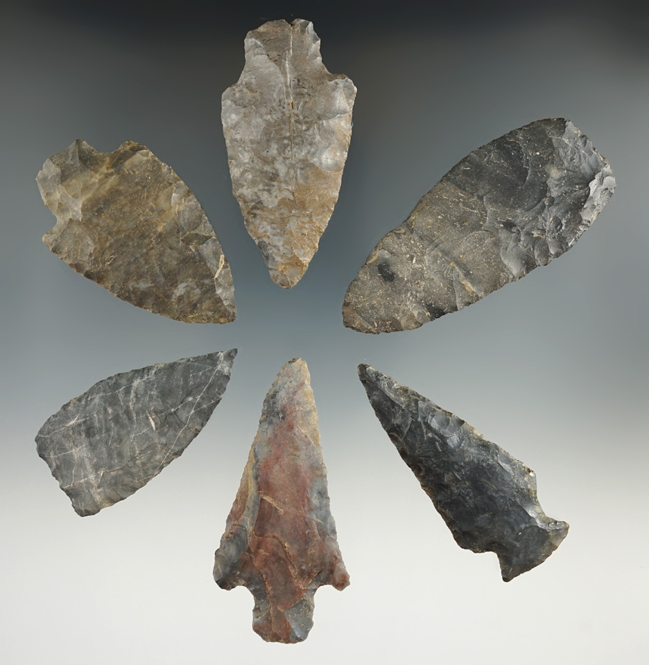 Set of six assorted Flint artifacts found in Ohio, largest is 2 7/8".