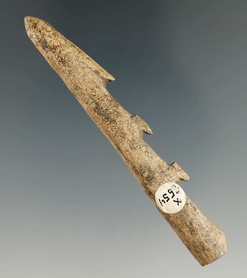 3 3/16" triple Barb bone harpoon tip found near Cahokia, Illinois.