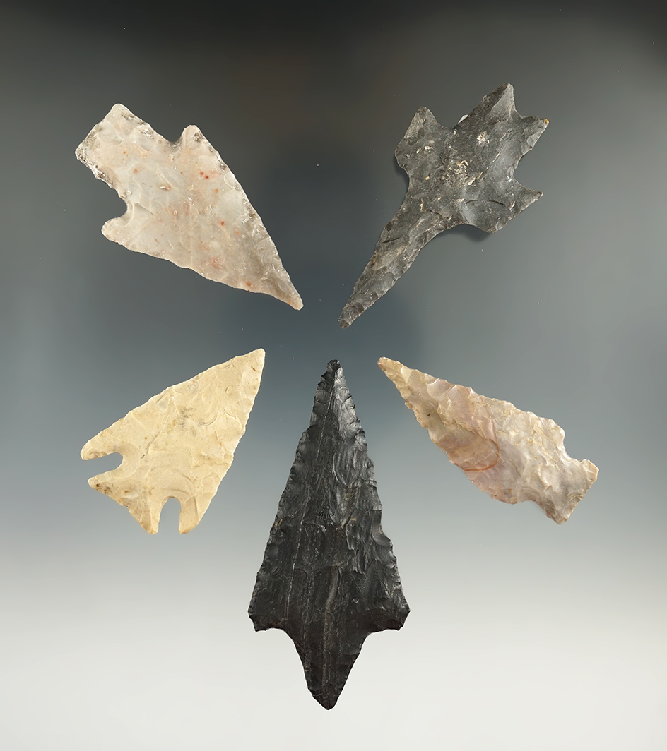 Group of five assorted flaked artifacts found in Texas, largest is 3 3/16".