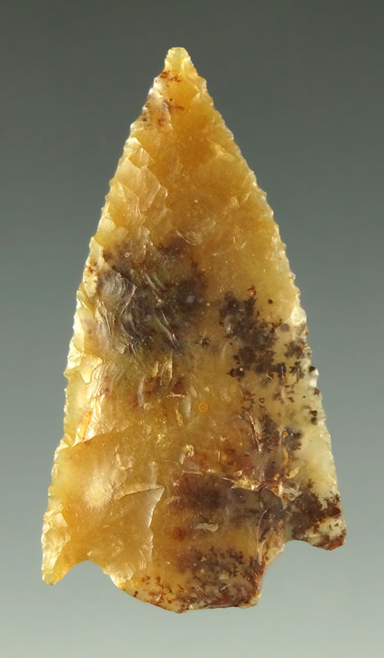 1 1/2" Stemmed point made from a multicolored dendritic agate found in Natrona County WY.