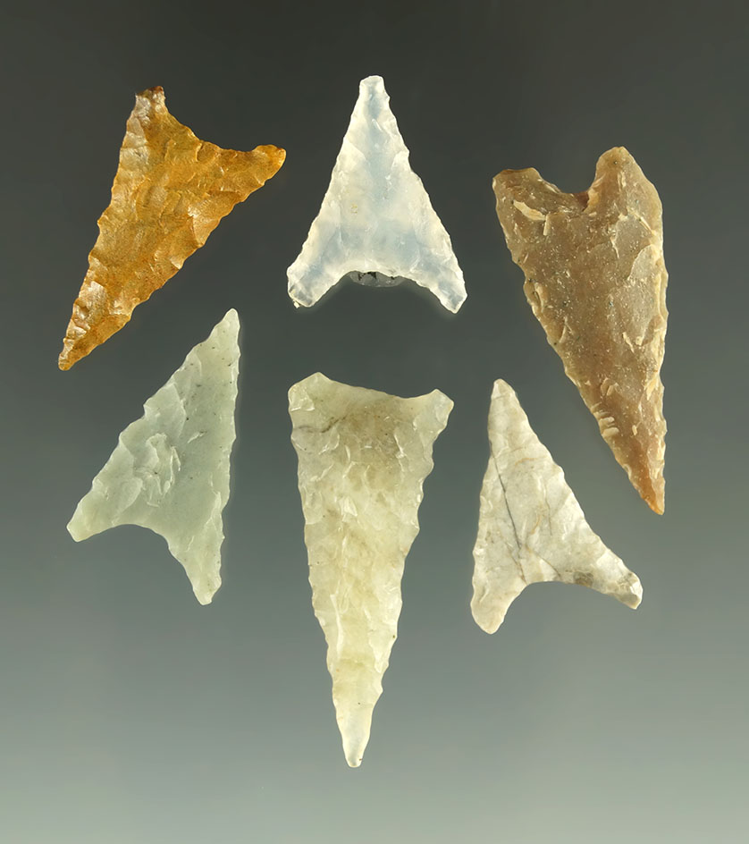 Ex. Museum! 6 Canalino Triangular points found in California. Largest is 1 1/8". Ex. Charles Shewey.