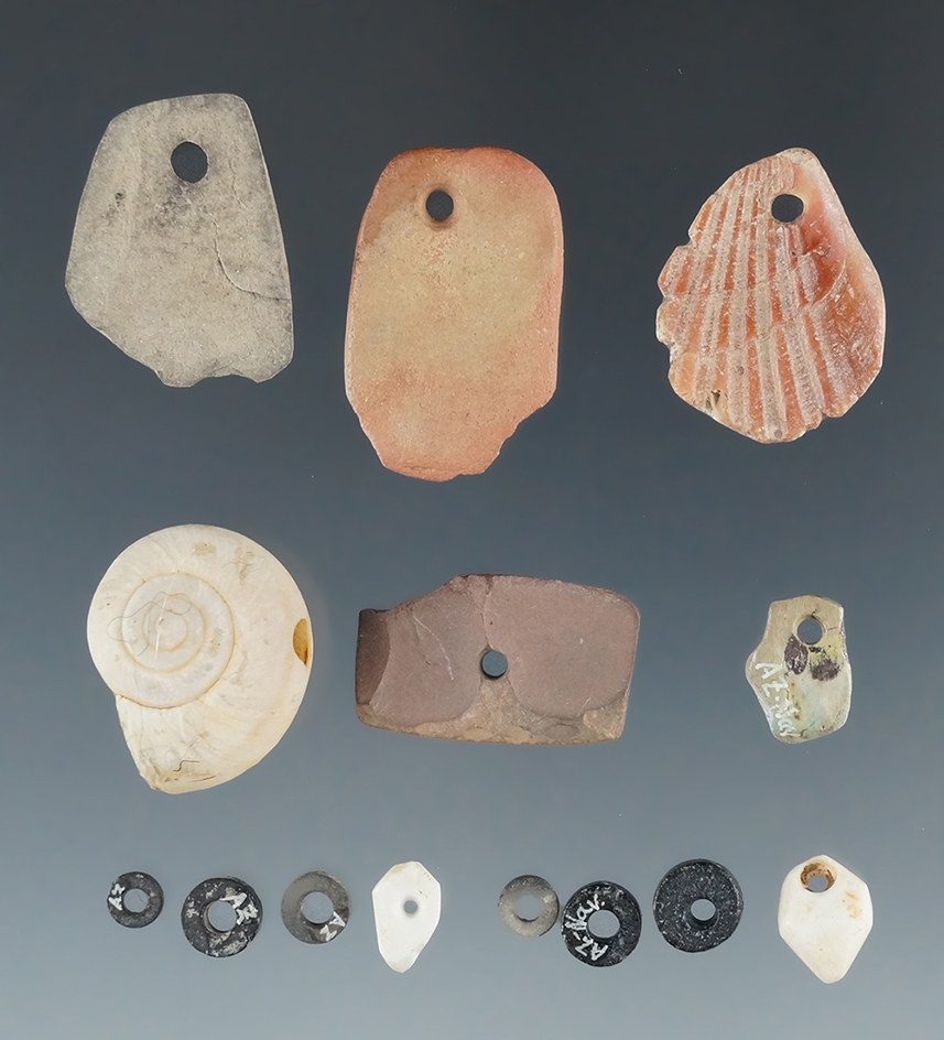 Group of pendants and beads including shell and stone - New Mexico.