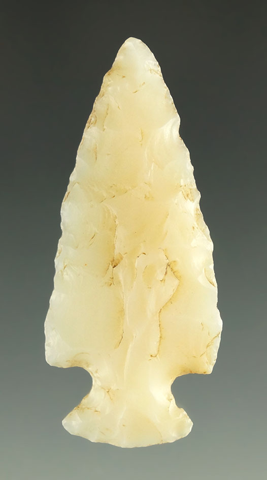 1 11/16" Tularosa point made from white chalcedony found in Mssac County Colorado.