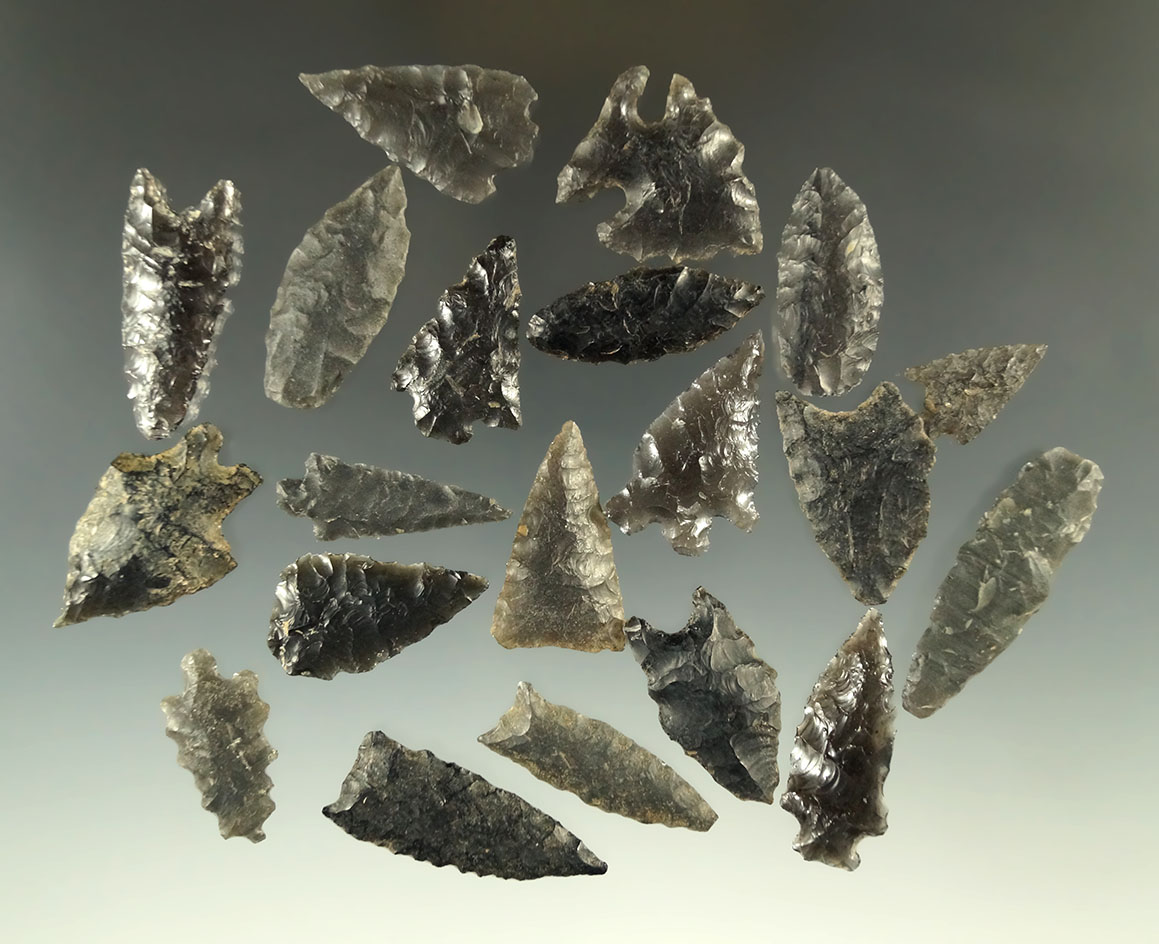 Group of 20 assorted obsidian arrowheads found in Nevada. Largest is 1 9/16".