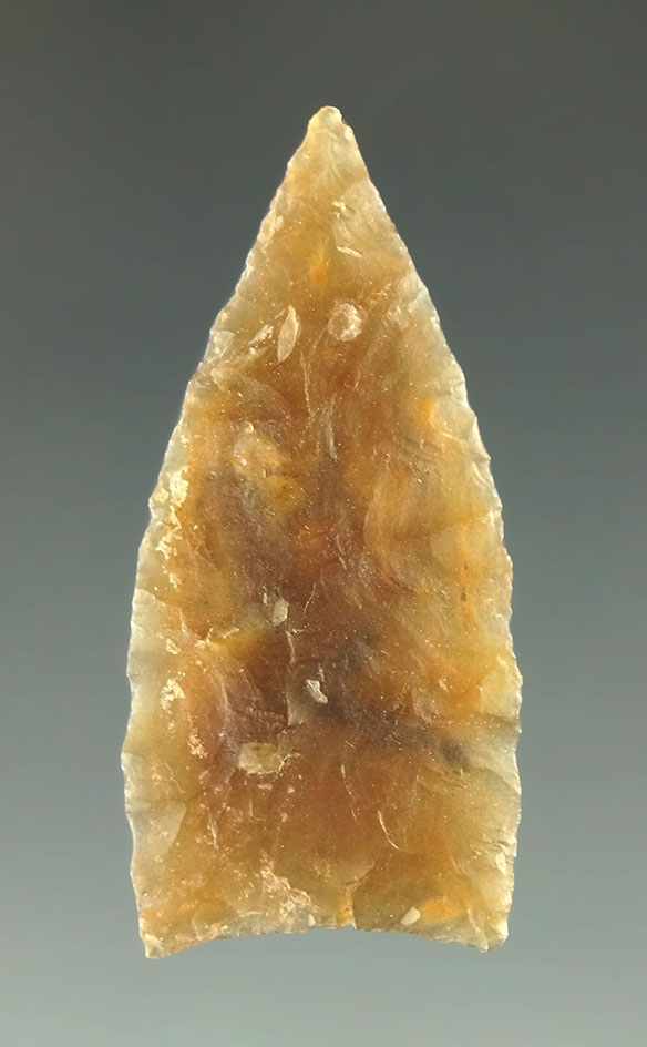 Thin! 1 5/16" Knife River Flint arrowhead that is highly translucent found in North Dakota.