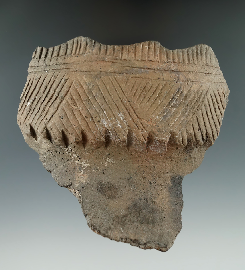 4 1/2" wide large castellated pottery rim shard from the 1600s found in NY.