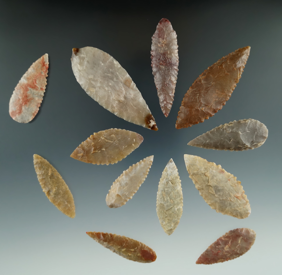 Set of 12 Neolithic African arrowheads found in Northern Sahara Desert Region. Largest is 2 13/16".