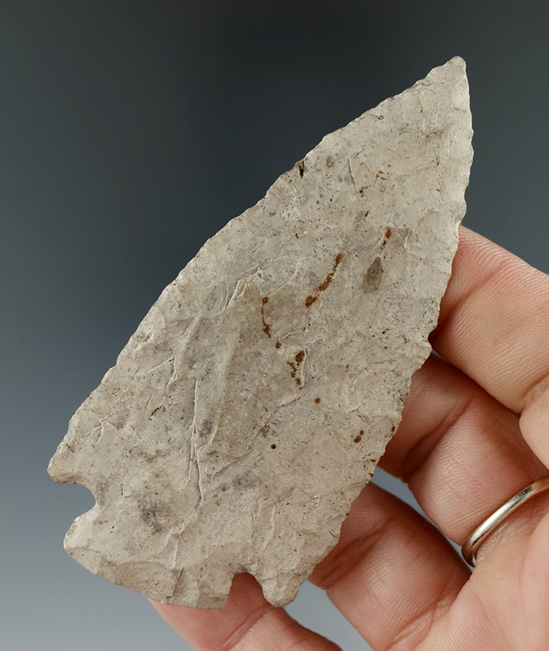 3 3/8" Cornernotch made from Bayport Chert, found in Michigan.