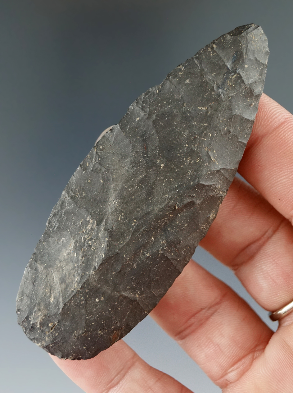3 1/4" Paleo Lanceolate with nicely ground lower edges found in Michigan.