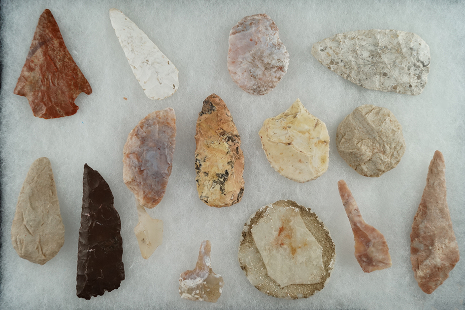 Group of 15 assorted flaked tools, knives and drills found in Utah. Largest is 3 1/4".