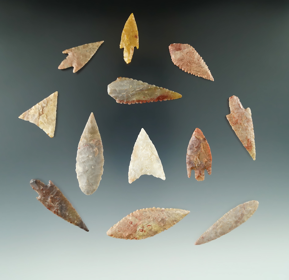 Set of 12 Neolithic African arrowheads found in Northern Sahara Desert Region. Largest is 2 1/8".