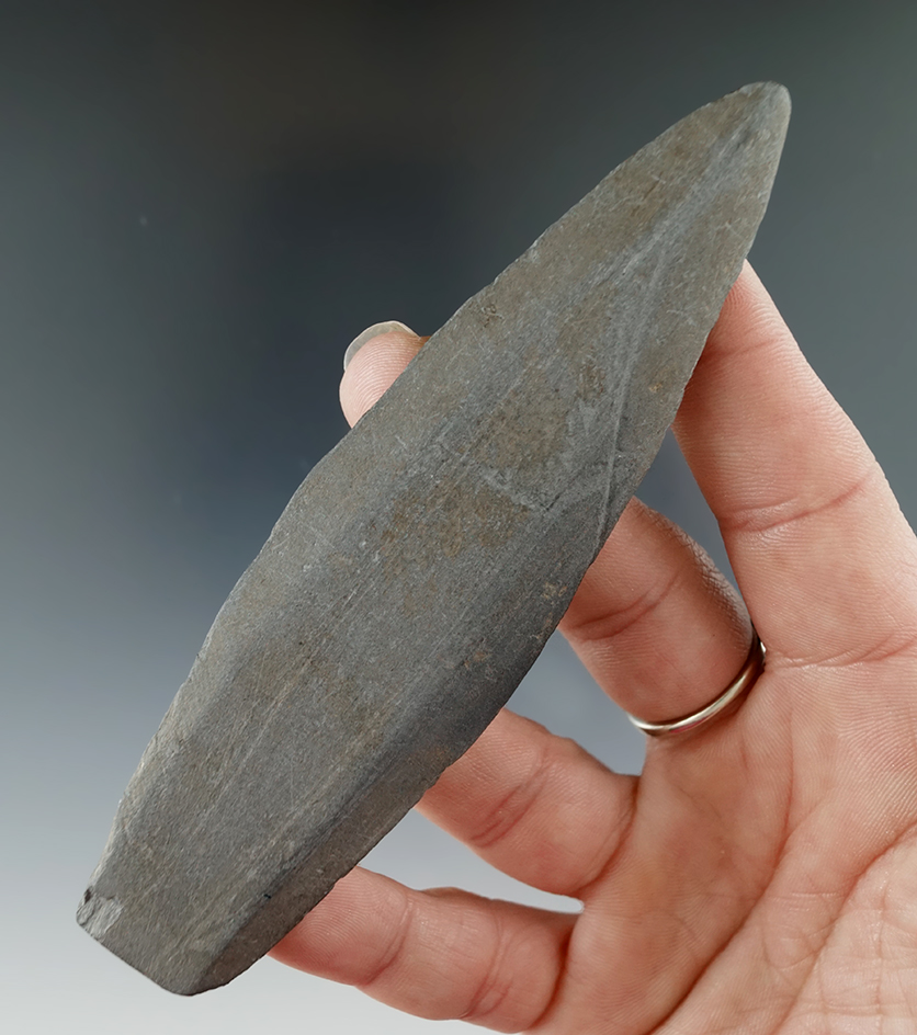 Nicely ground 4 11/16" Slate Point found near Puget Sound, Washington near Orcas Island. G-8 COA.