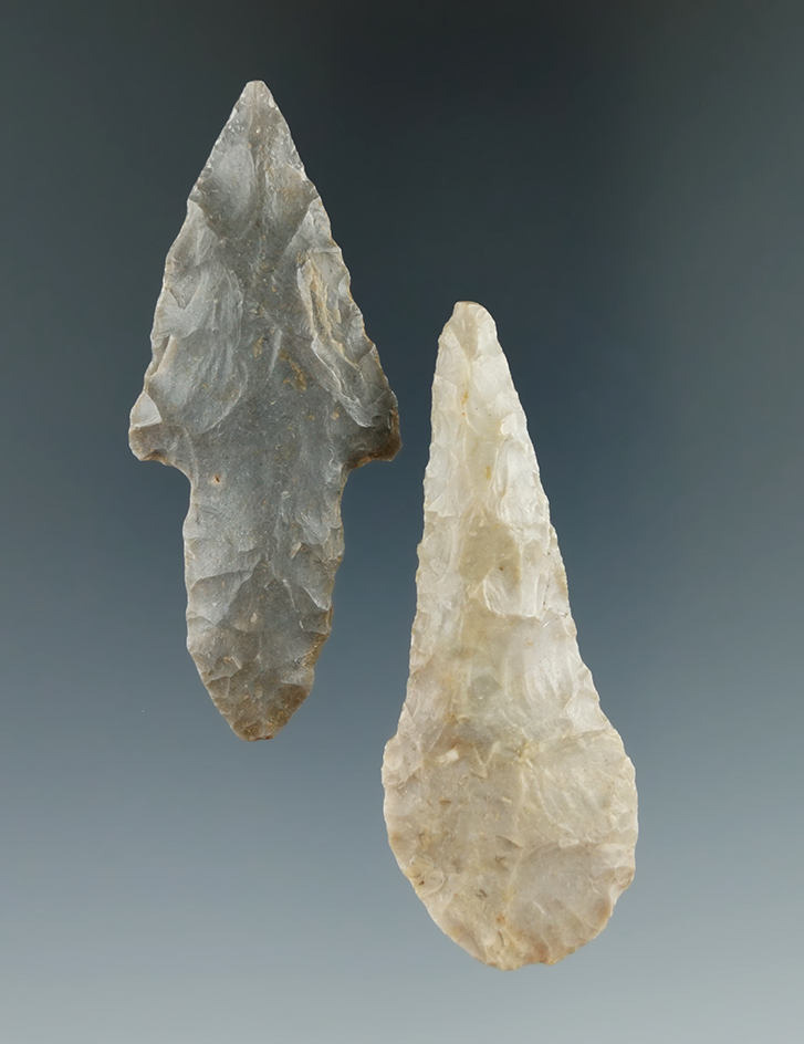 Pair of artifacts including a 2 3/8" Long Stem Adena and a 2 3/8" Drill found in Hardin County Ohio.