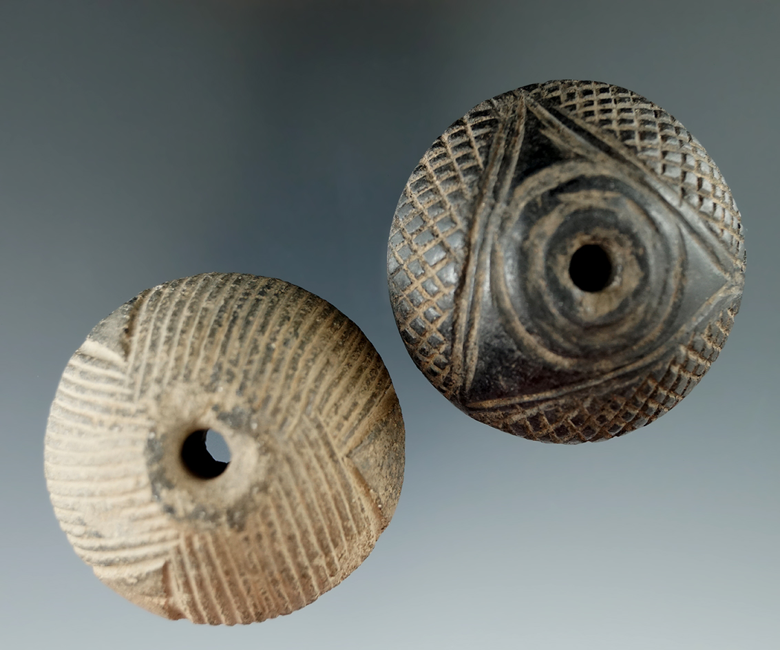 Pair of large 2" Diameter Pre-Columbian Spindle Whorls - highly decorated, Mexico. Bennett COA.