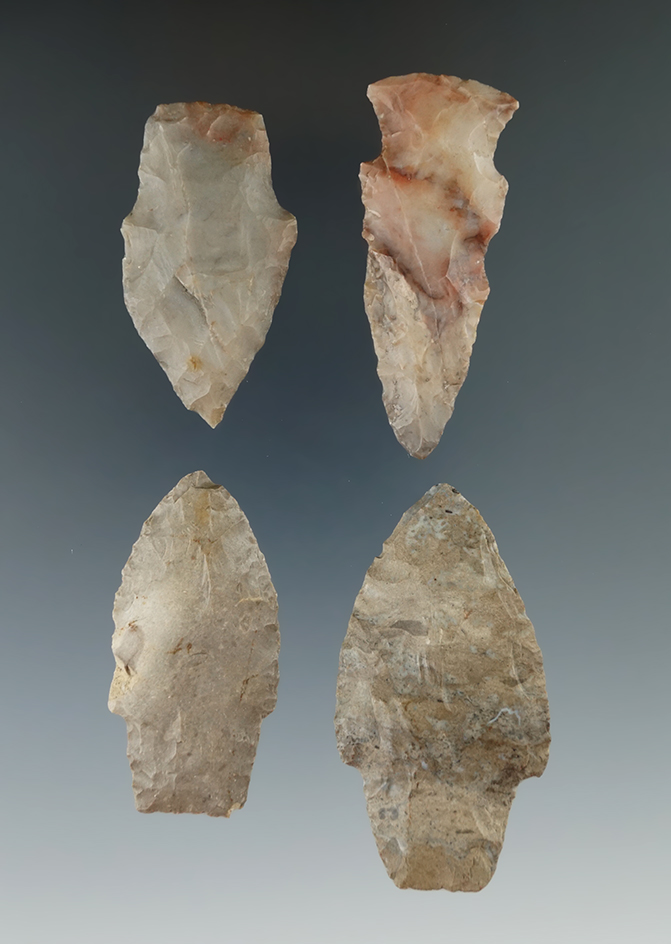 Set of four assorted arrowheads on the Michigan, largest is 2 3/8".