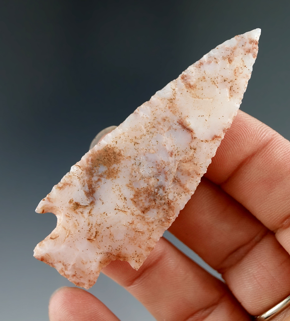 Excellent flaking and style! 2 11/16" stemmed point -  pink and white chalcedony found in Utah..