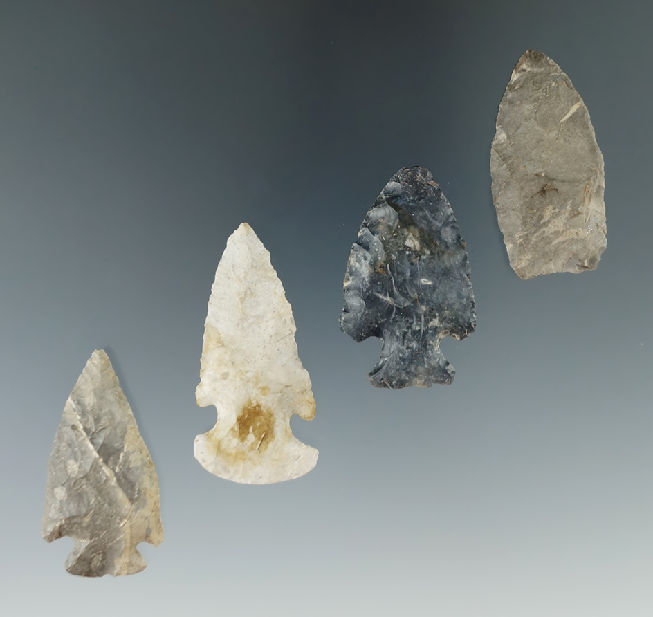 Set of four assorted arrowheads found in Michigan, largest is 1 3/4".
