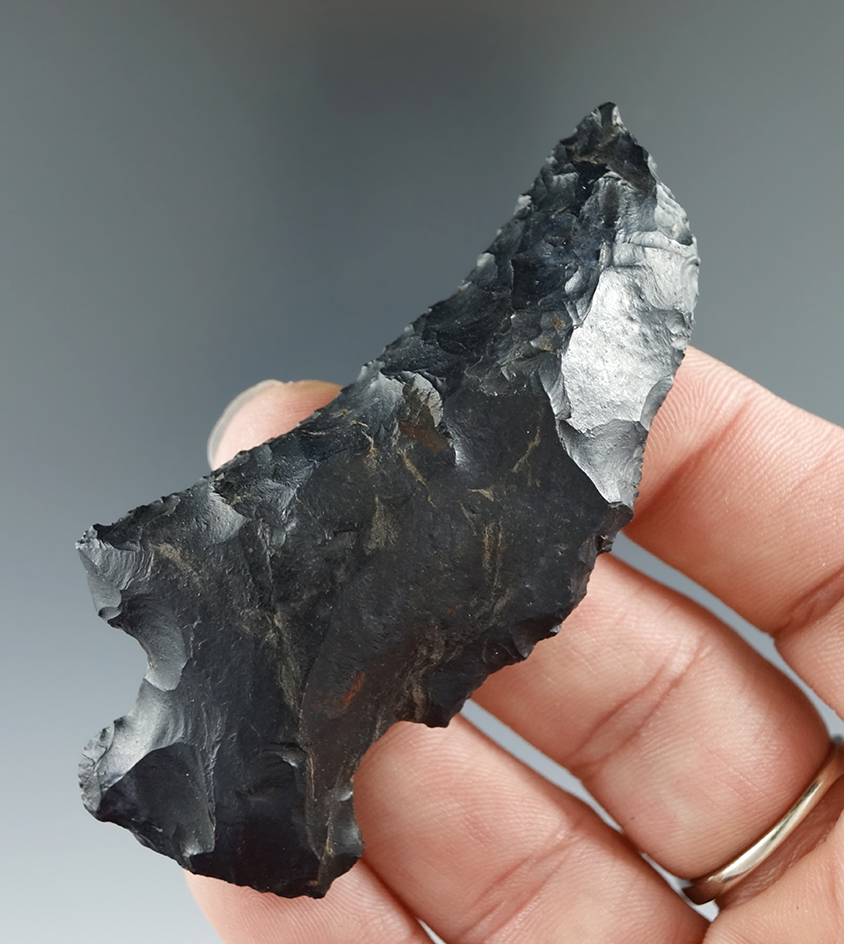 2 13/16" Hafted Shaft Scraper made from black Zaleski Flint, found in Ohio.  Bennett COA.