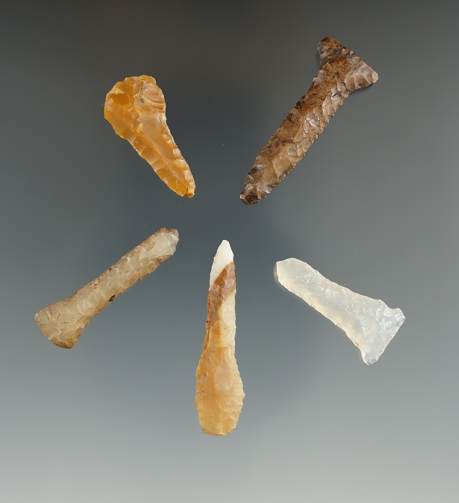 Five Columbia River Drills made from Agate. Longest is 1 1/2". Found near the Columbia River, OR.