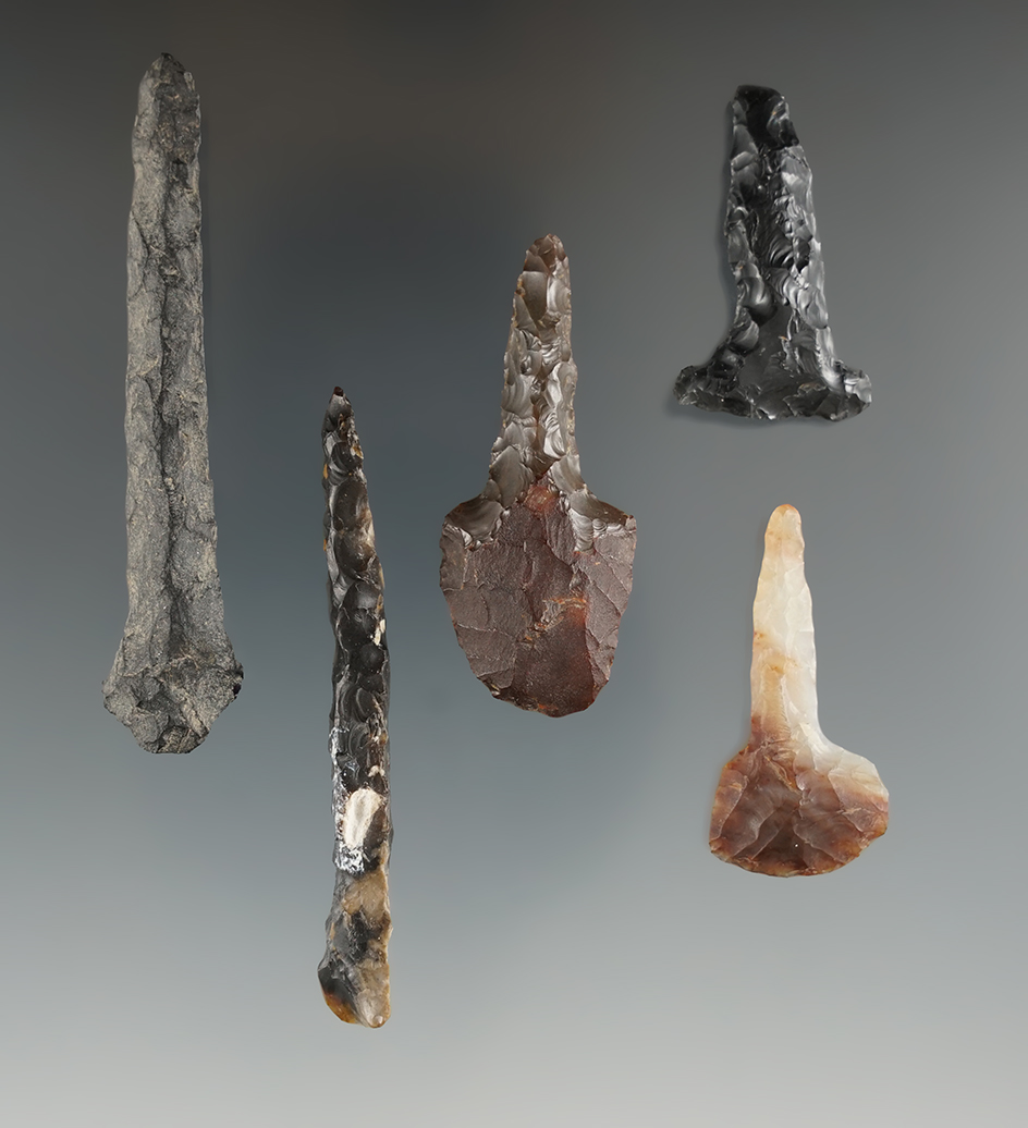 Five Drills made from Agate, Jasper, and Obsidian. Longest is 2 1/2". Columbia River, OR.