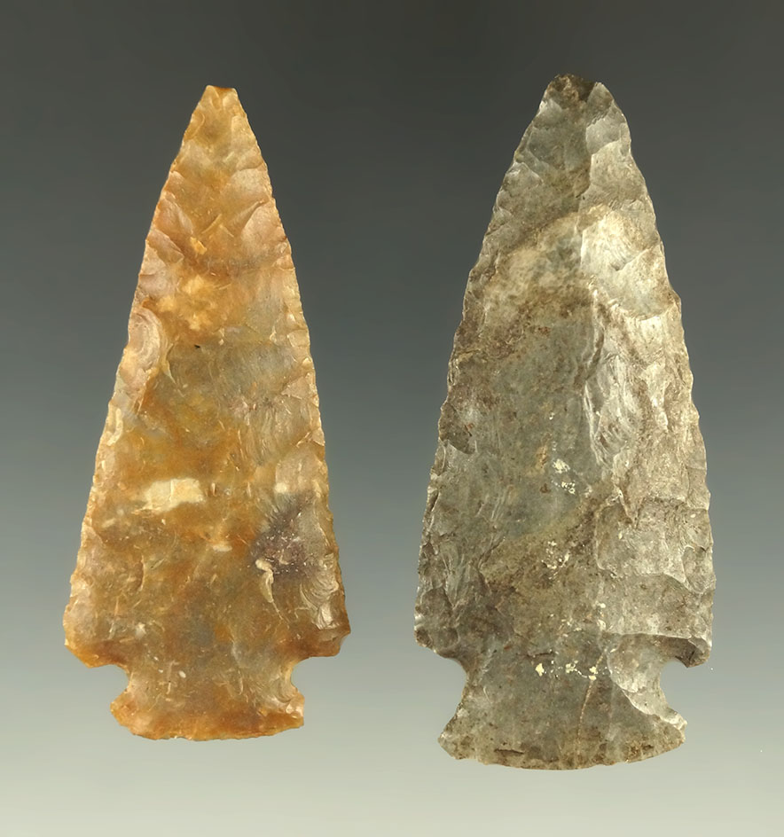 Nice pair of well flaked arrowheads found in Kansas, largest is 2 11/16".