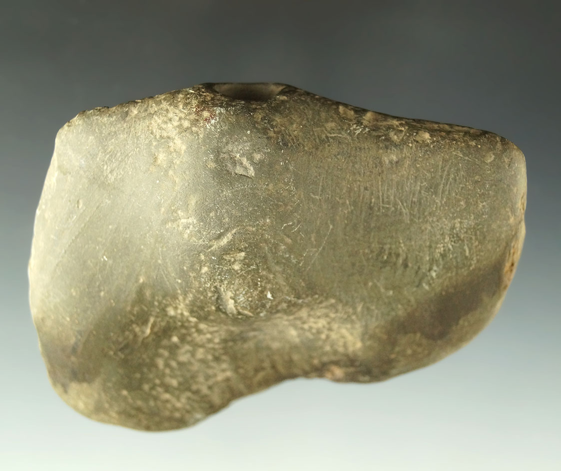 3 7/8" wide banded slate Bannerstone preform found in Indiana that is partially Flint drilled.