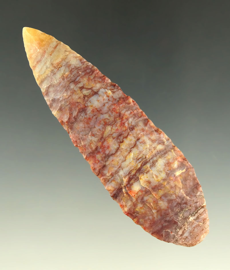 3 5/8" Alibates Flint Blade with a restored tip found in Las Animas County Colorado.