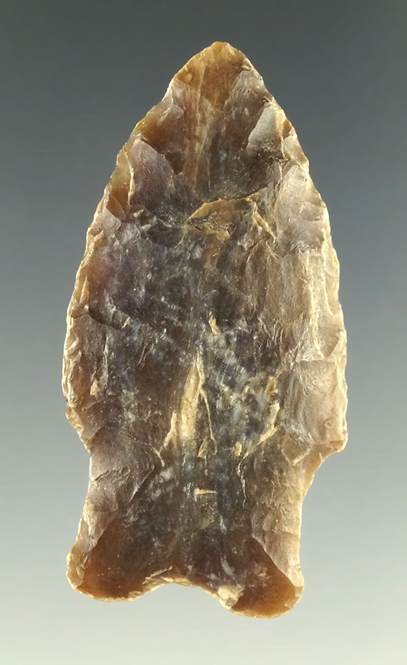 Heavily patinated 1 3/4" Knife River Flint Hanna point found in the Dakotas.