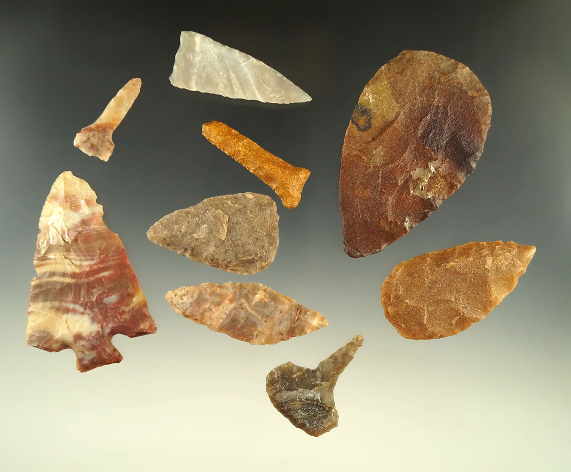 Group of nine drills, knives and blades found in the Plains region, largest is 3 1/8".