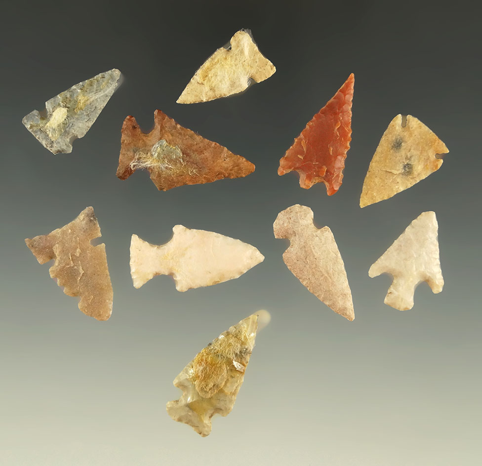 Set of 10 assorted Kansas Arrowheads, largest is 1 1/8".