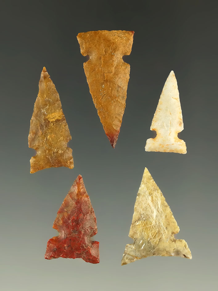 Set of five nicely crafted Sidenotch points found in Kansas, largest is 1 3/16".
