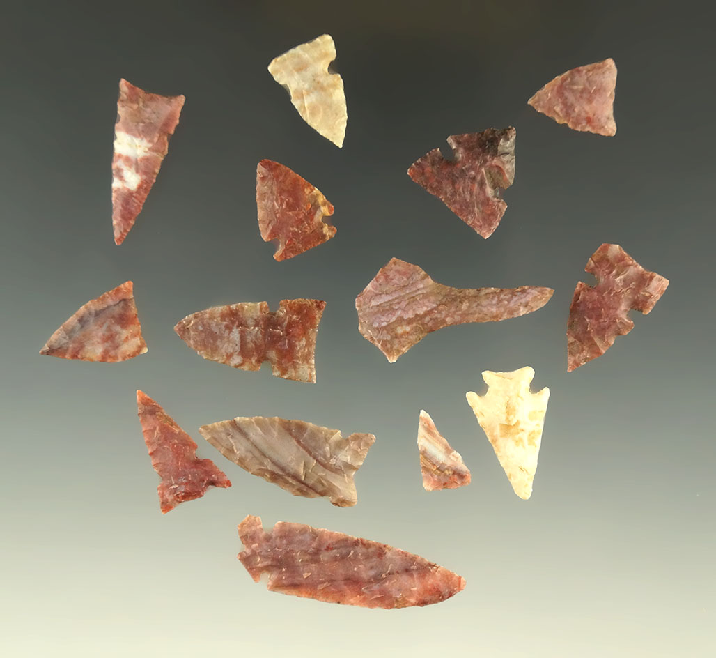 Set of 15 assorted Alibates and Tecovas arrowheads found in Kansas, largest is 1 1/16".