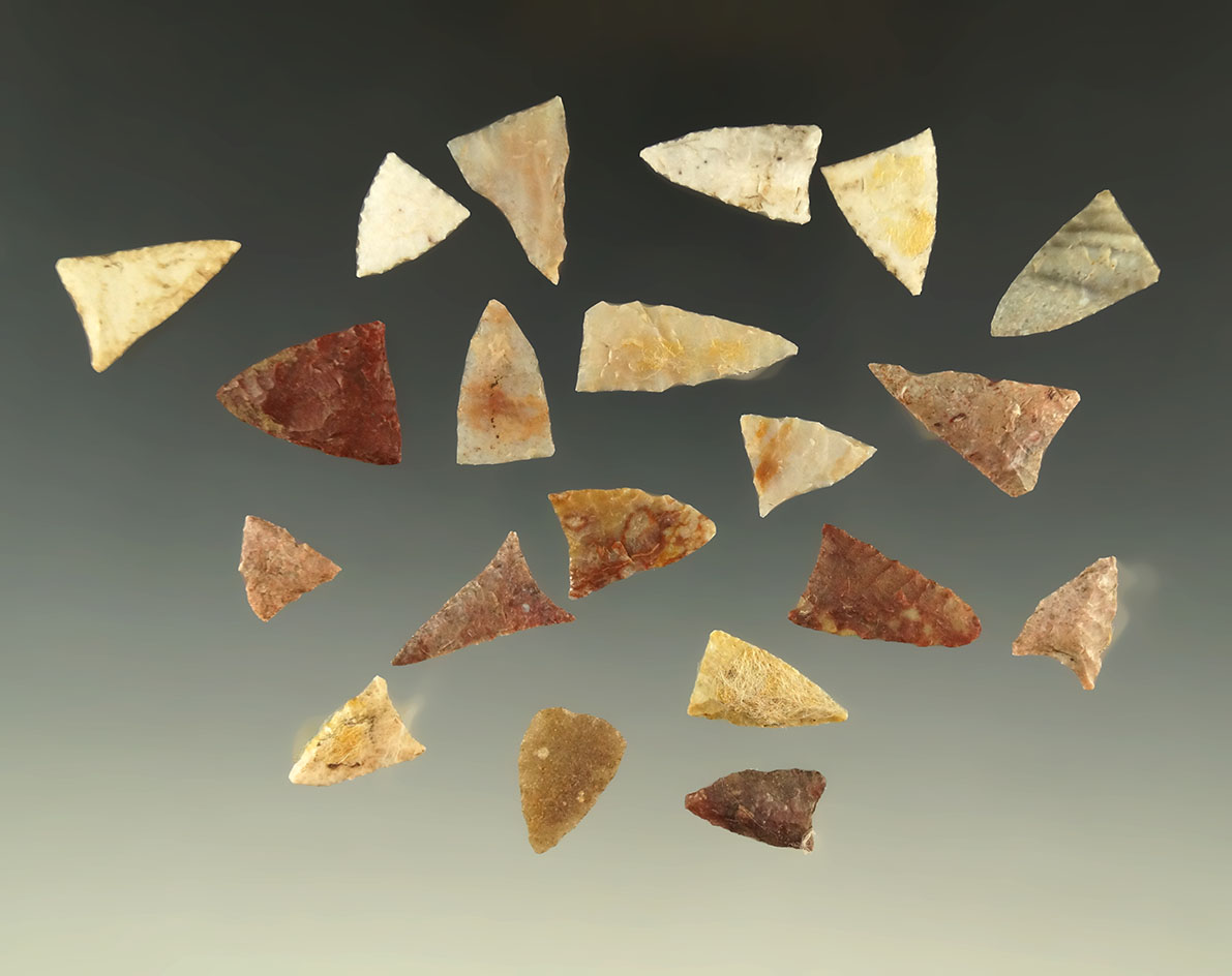 Set of 20 Triangular arrowheads found in Kansas, largest is 1".