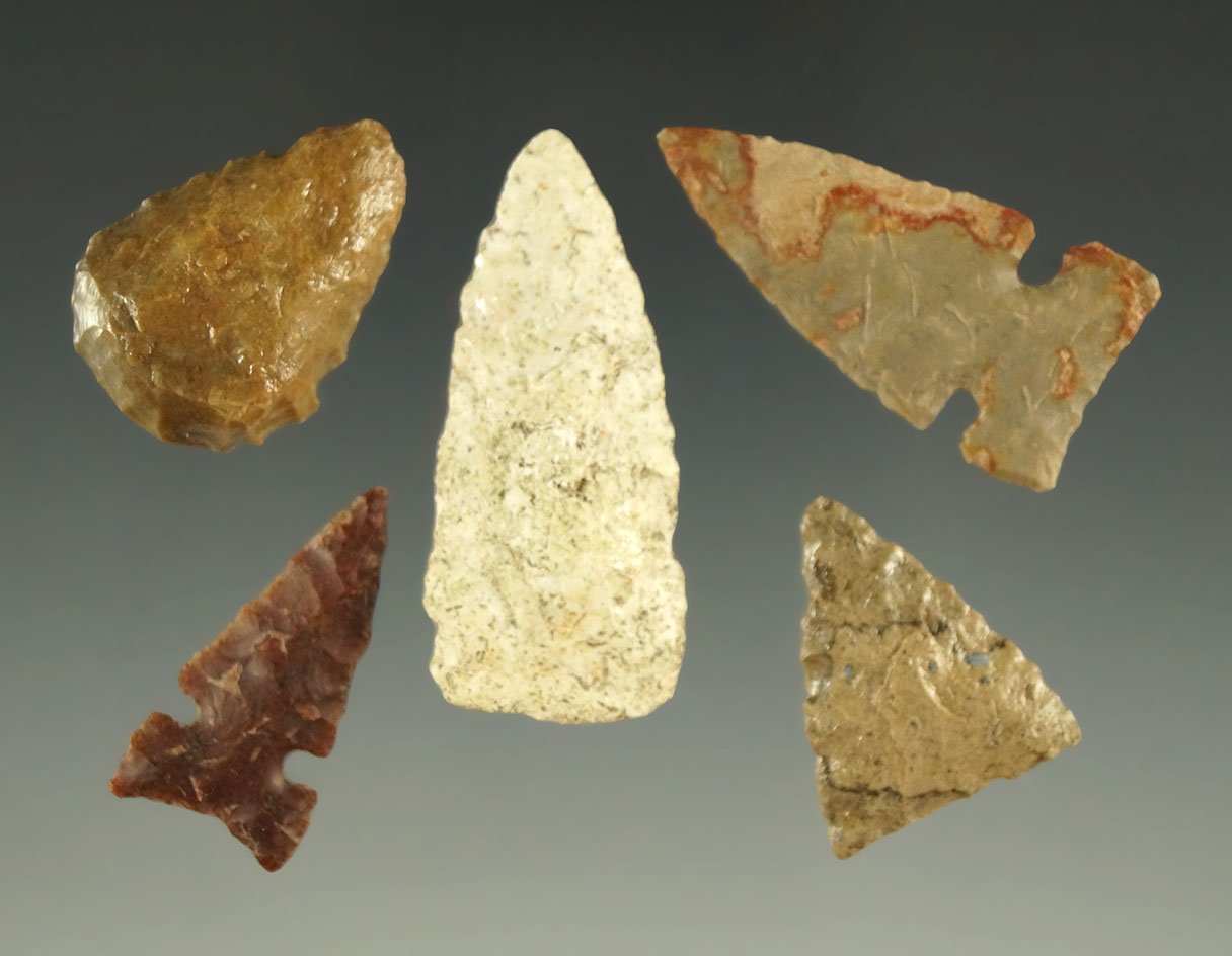 Set of five arrowheads found in Kansas, largest is 1 7/16".
