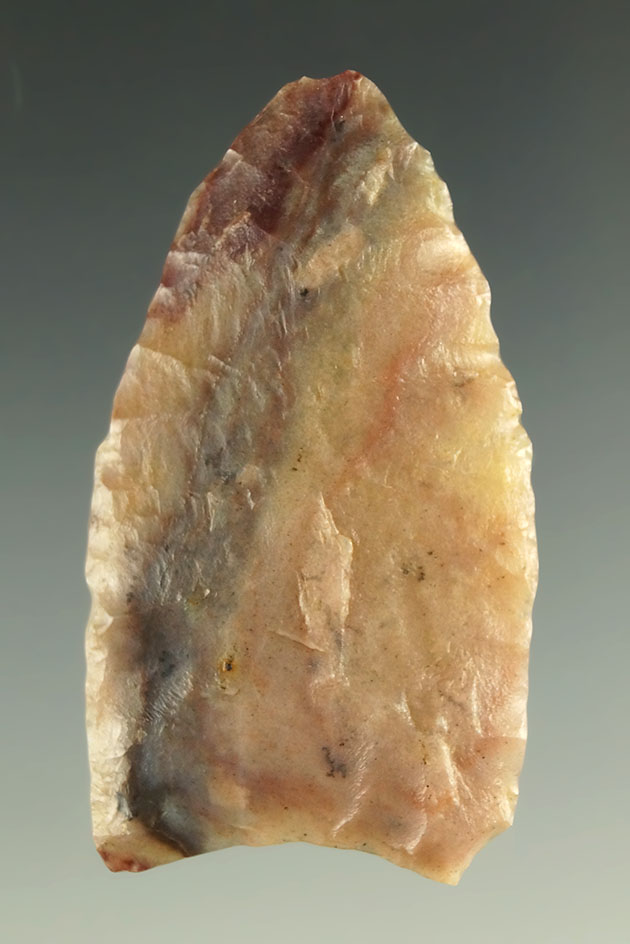 1 3/4" Paleo dart point with heavily ground lower edges - attractive multicolored material - CO.