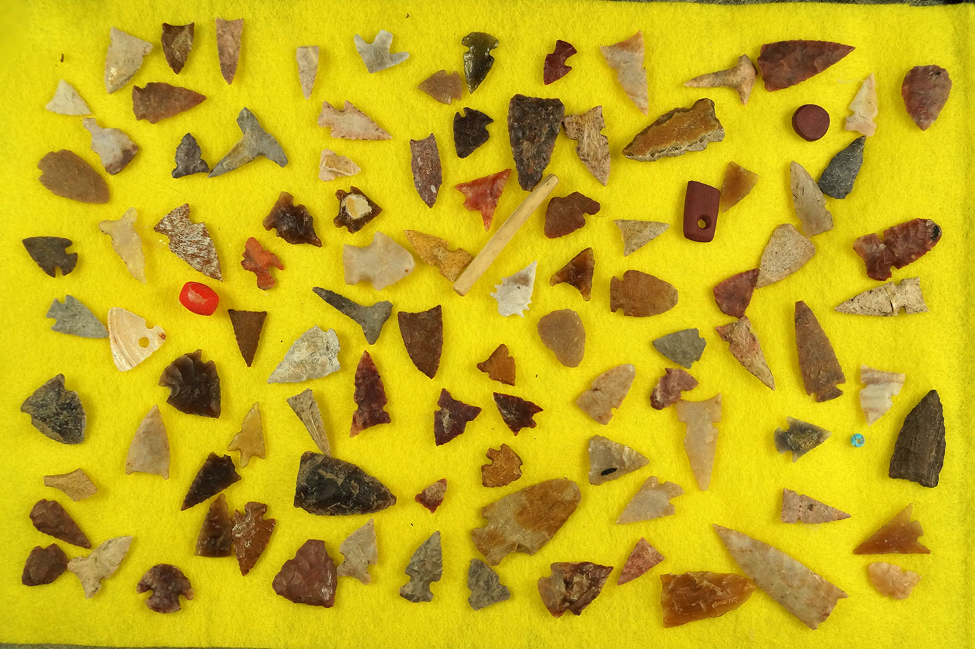 Very large group of assorted Kansas area arrowheads, tools and ornaments largest is 1 11/16".