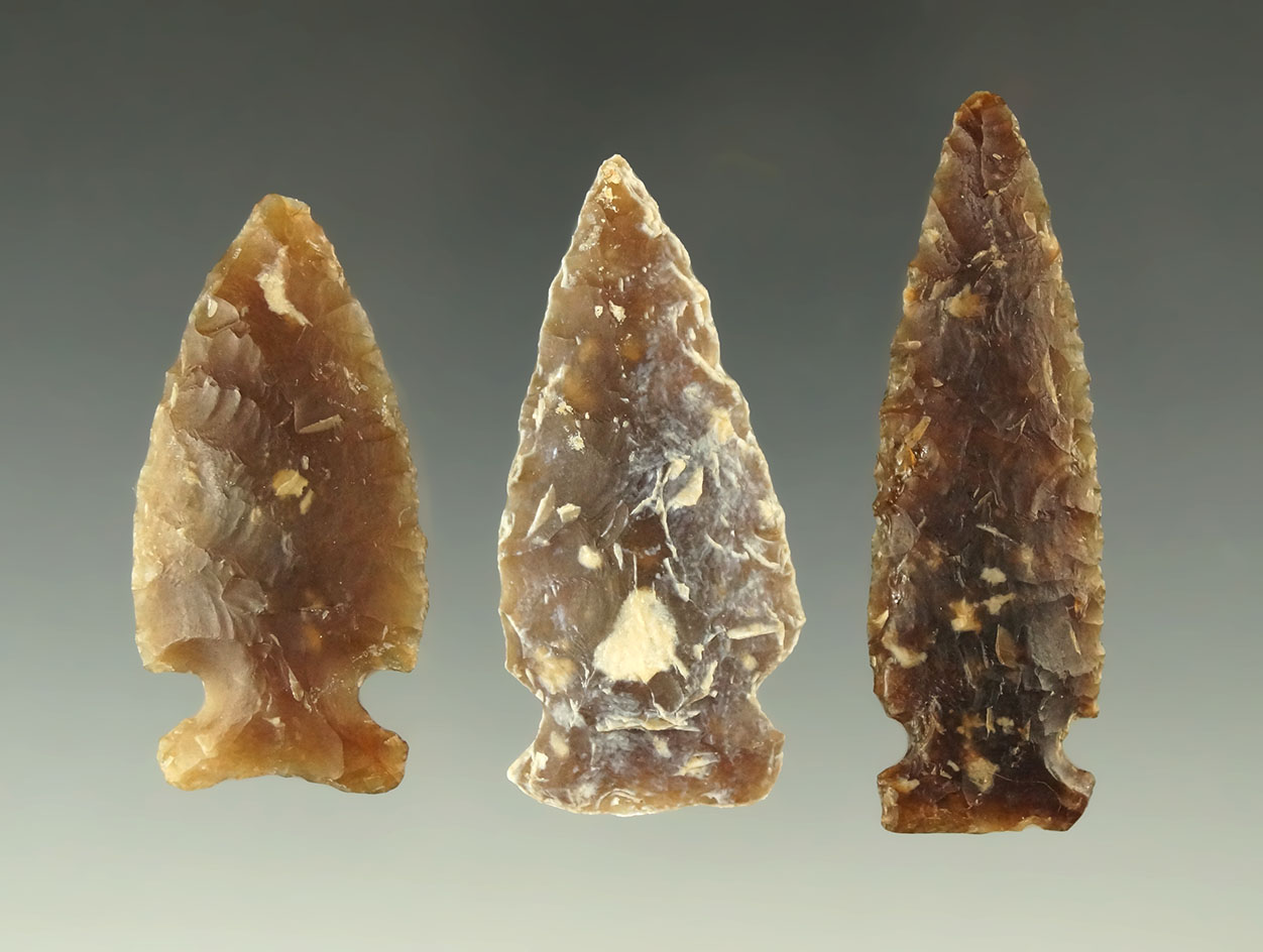 Set of three beautiful Knife River Flint arrowheads found in the Dakotas, largest is 2 1/16".