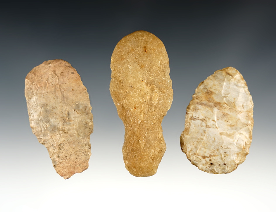 Set of 3 relics including an Adena Blade, Hafted Scraper and a Quartz Tool. The largest is 3 5/16".