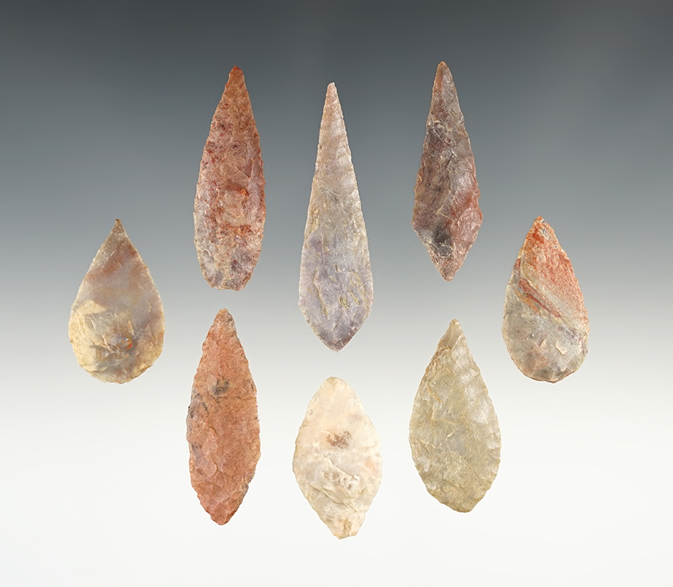 Set of 8 colorful African Neolithic points. The largest is 2 3/8".