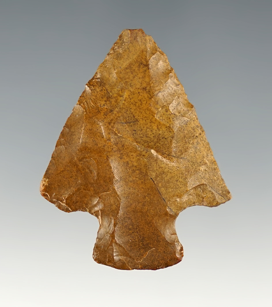 1 11/16" Perkiomen made from Jasper found in Pennsylvania. A very collectible point type.